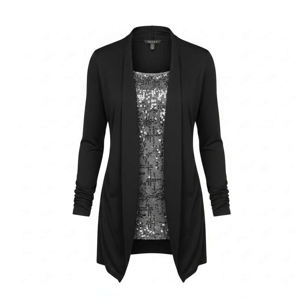 M.S.S.P. Cardigan XL Black Grey Sequin Inset Layered Knit Top